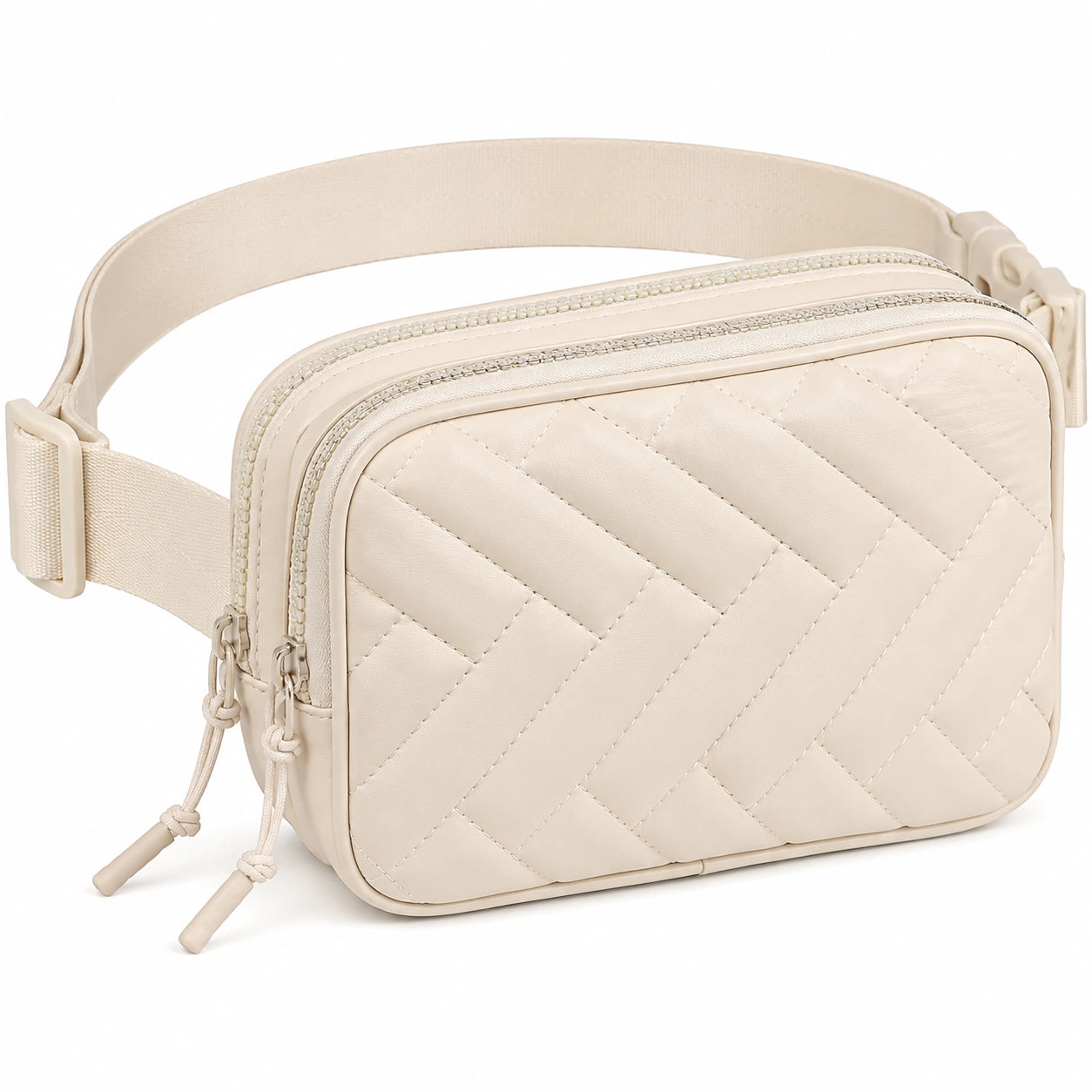 G¨¹rteltasche 20 x 6 x 14 cm aus Kunstleder Cremewei? mit Steppmuster und zwei Rei?verschlussf?chern