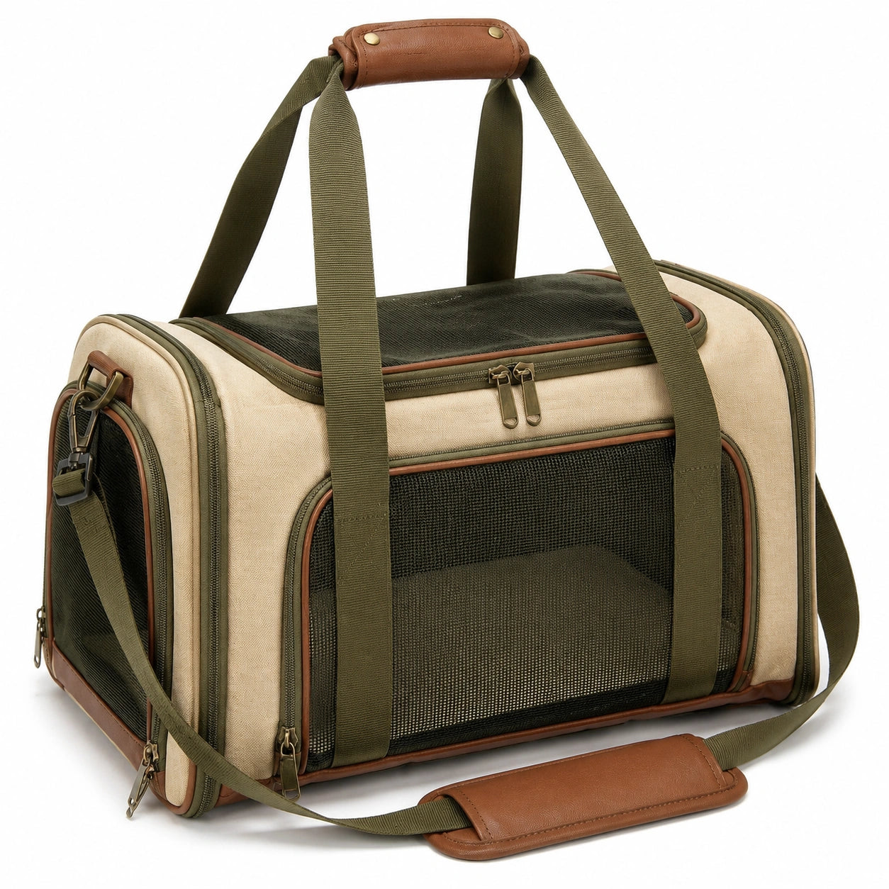 Transporttasche f¨¹r Haustiere 45 cm Textil Beige Olivgr¨¹n mit Netzfenstern
