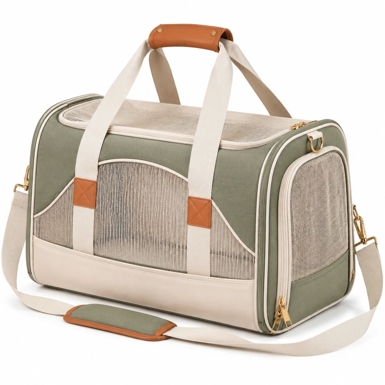 Haustier-Transporttasche 45 x 28 x 30 cm aus Textil in Gr¨¹n Creme mit Netzfenstern