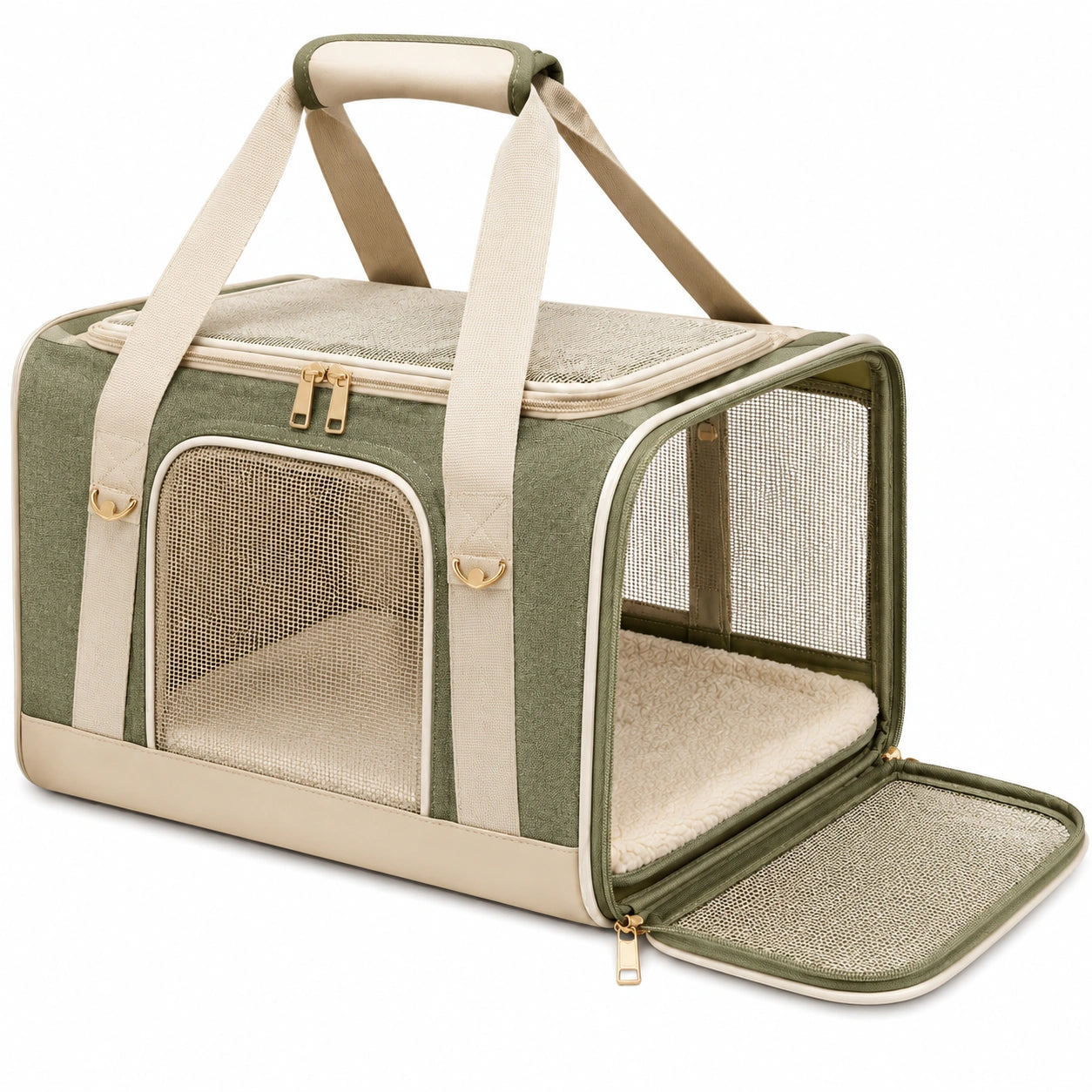Transporttasche f¨¹r Haustiere 45 x 28 x 30 cm aus Textil in Gr¨¹n Beige mit Netzfenstern