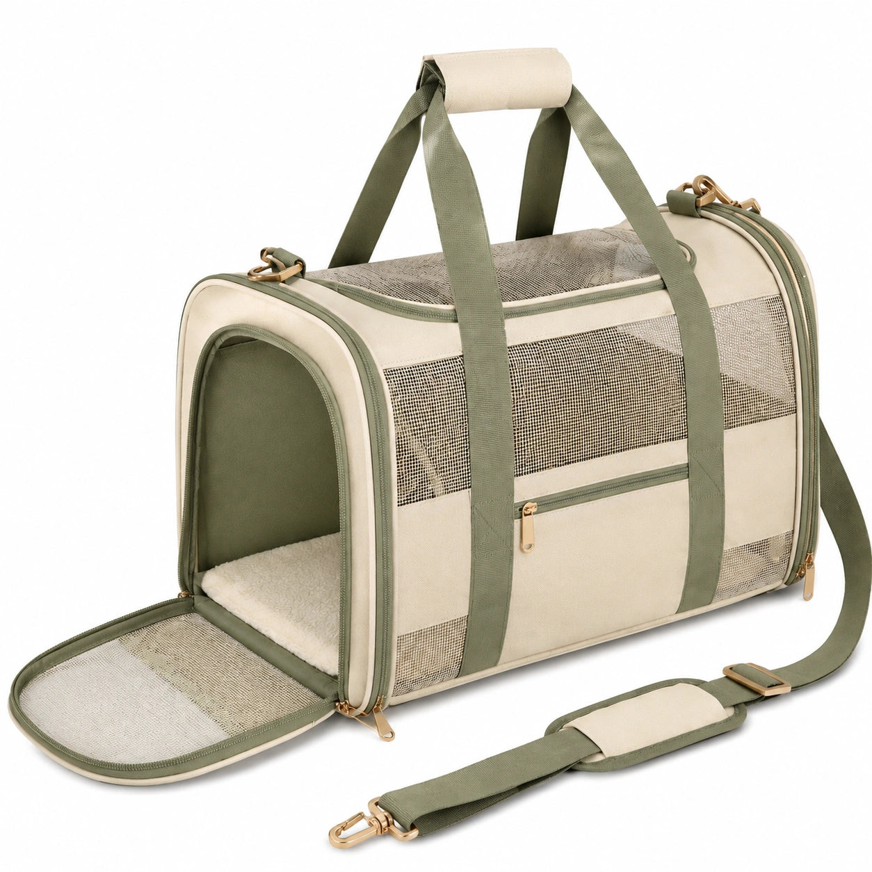 Haustier Transporttasche 45 x 28 x 28 cm aus Textil Beige Gr¨¹n mit Netzfenstern