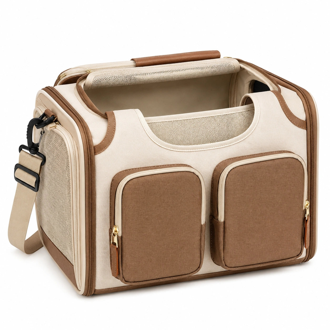 Haustier Transporttasche 45 x 28 x 30 cm aus Polyester Beige Braun mit Netzfenstern und Schultergurt