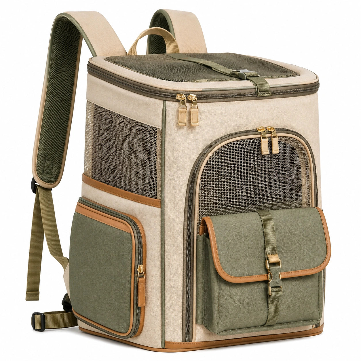 Haustier Transport Rucksack 42 x 30 x 45 cm aus Textil in Beige Gr¨¹n mit Netzfenstern