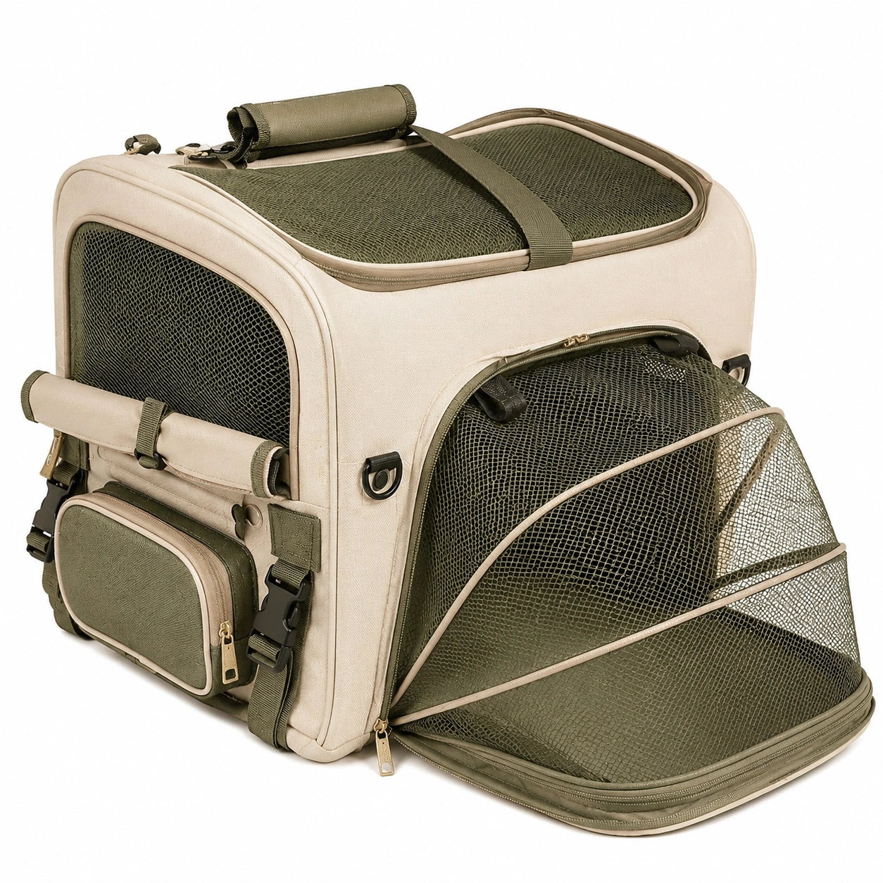 Haustiertransporttasche 42 x 30 x 40 cm aus Polyester Beige/Olive mit Netzfenstern und Erweiterung