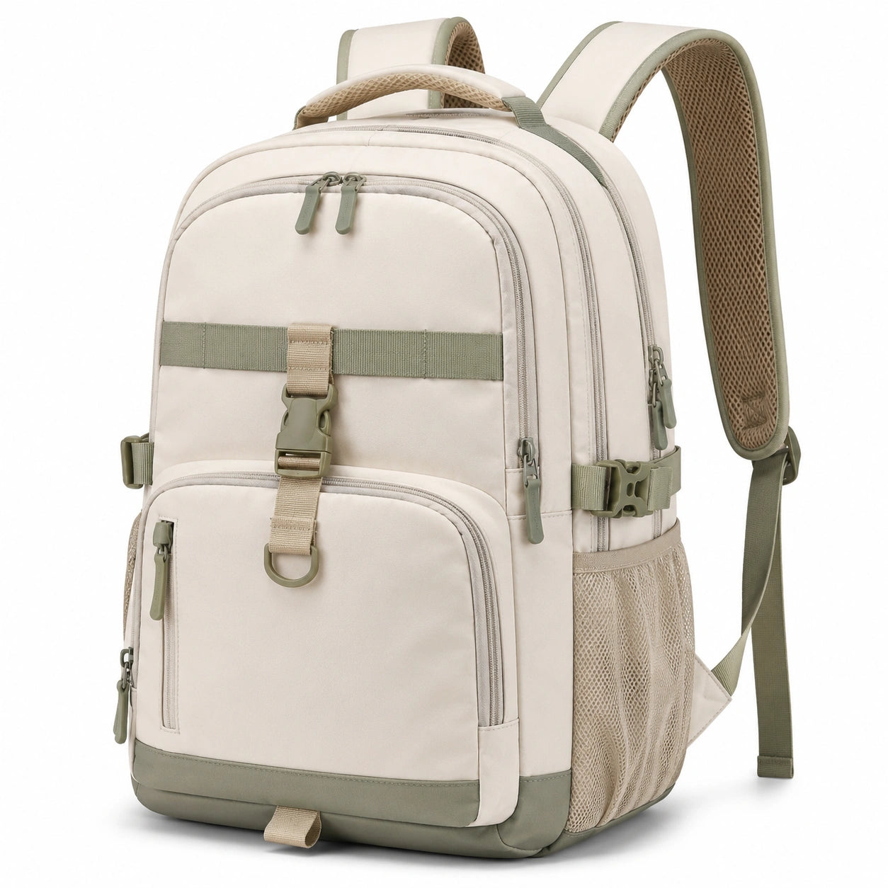 Rucksack 30 x 18 x 45 cm Textil Beige Gr¨¹n mit Rei?verschluss und mehreren F?chern