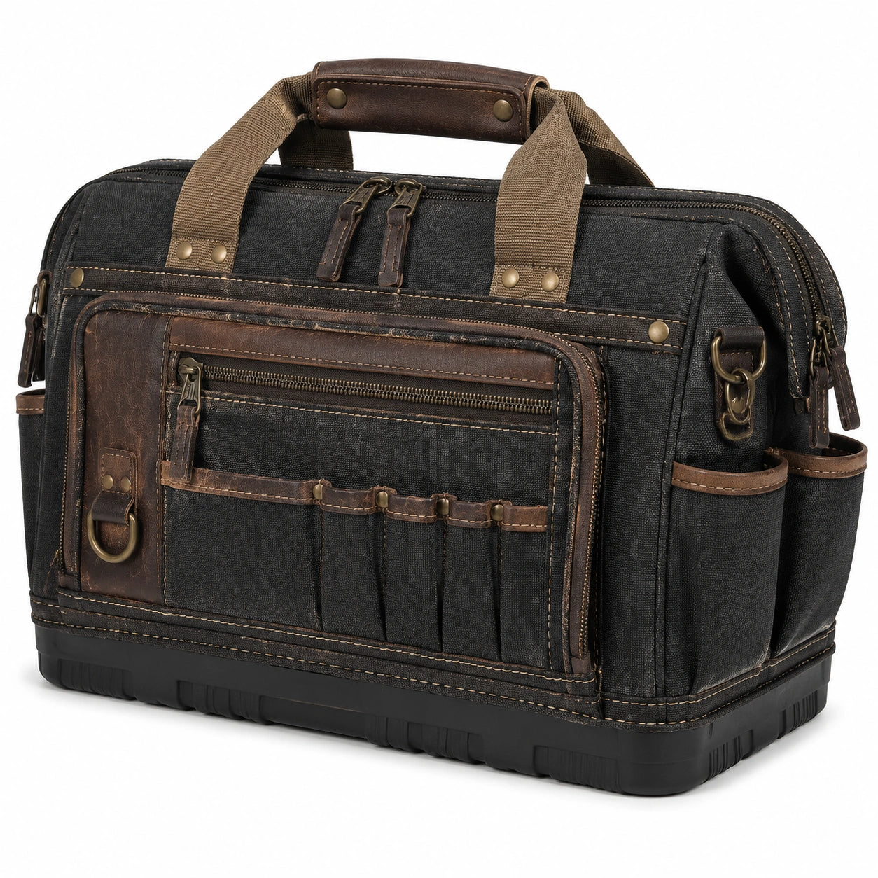 Werkzeugtasche 43 cm Canvas Schwarz Braun mit Rei?verschluss und Tragegriffen